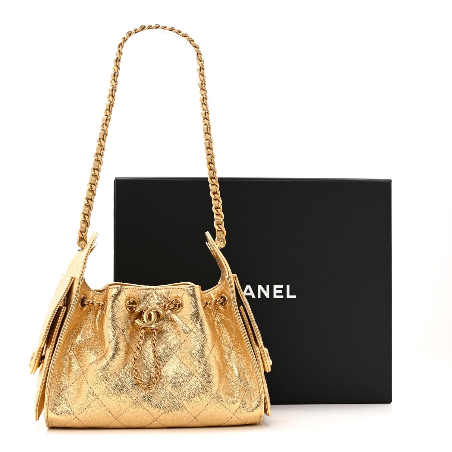 Metallic Caviar Quilted Mini Chanel 25 Handbag Gold