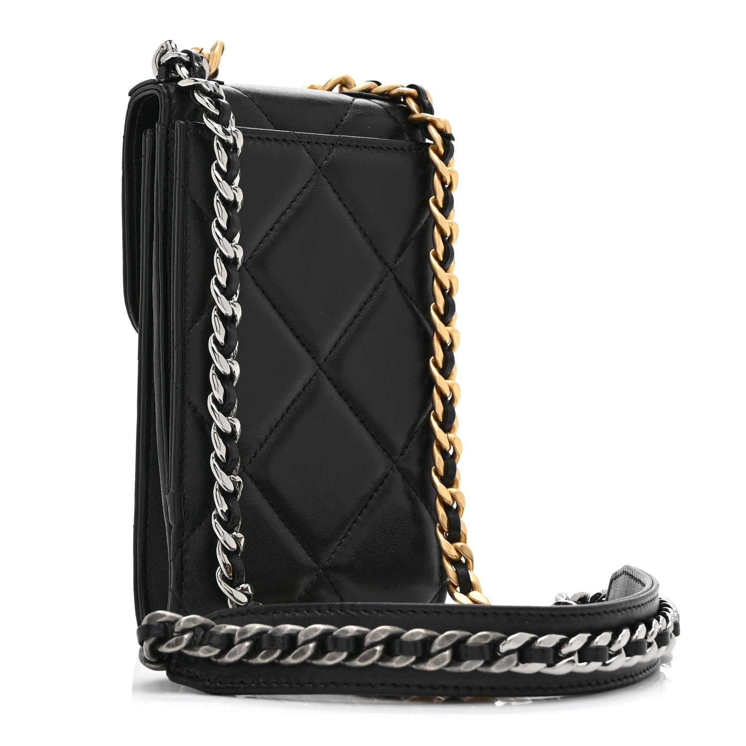 Lambskin Quilted Chanel 19 Phone Holder With Chain Black