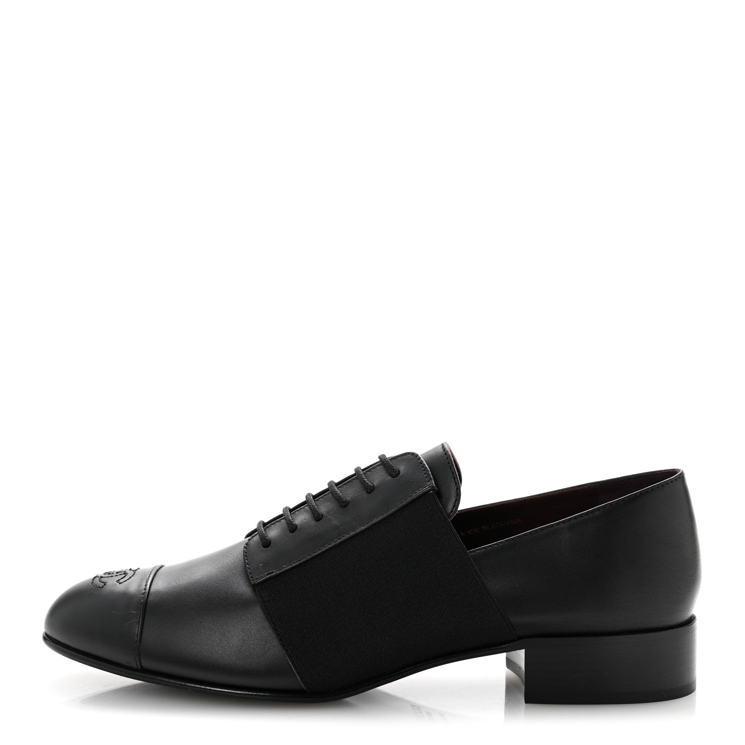 Calfskin Elastic Lace Up Cap Toe CC Loafers 40 Black