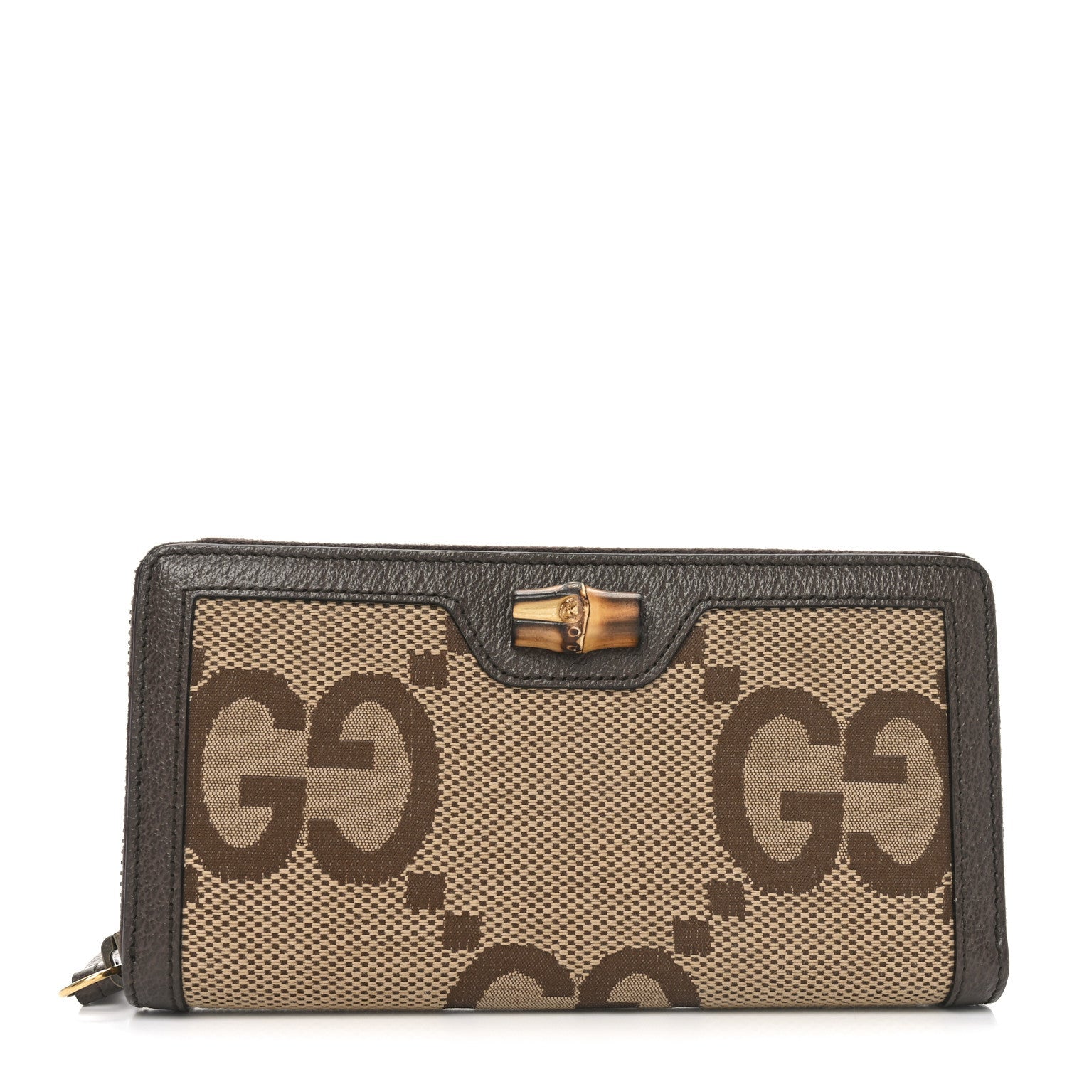 Monogram Jumbo GG Textured Dollar Calfskin Diana Zip Around Continental Wallet Camel Ebony New Acero