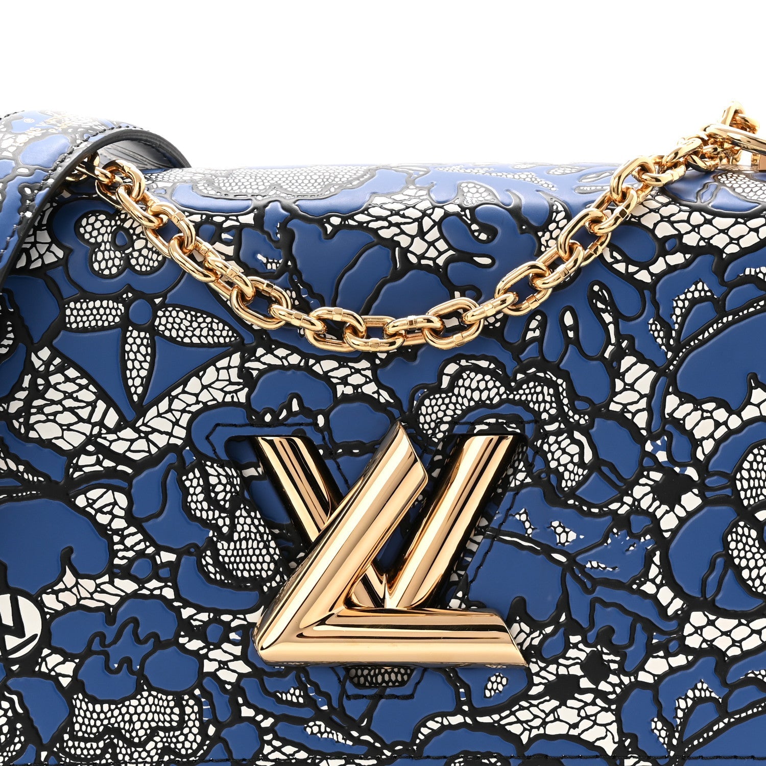 Calfskin Lace Flower Inlay Twist Shoulder Bag MM Navy Black