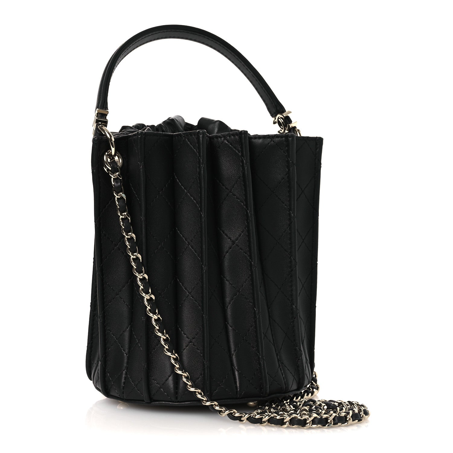 Calfskin Quilted Pleated Bucket Bag Black