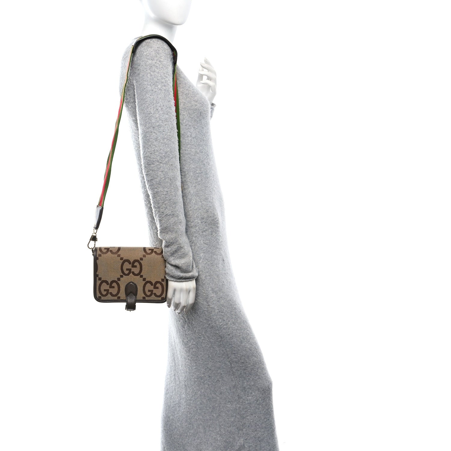 Monogram Jumbo GG Textured Dollar Calfskin Web Flap Messenger Bag Beige Ebony New Acero