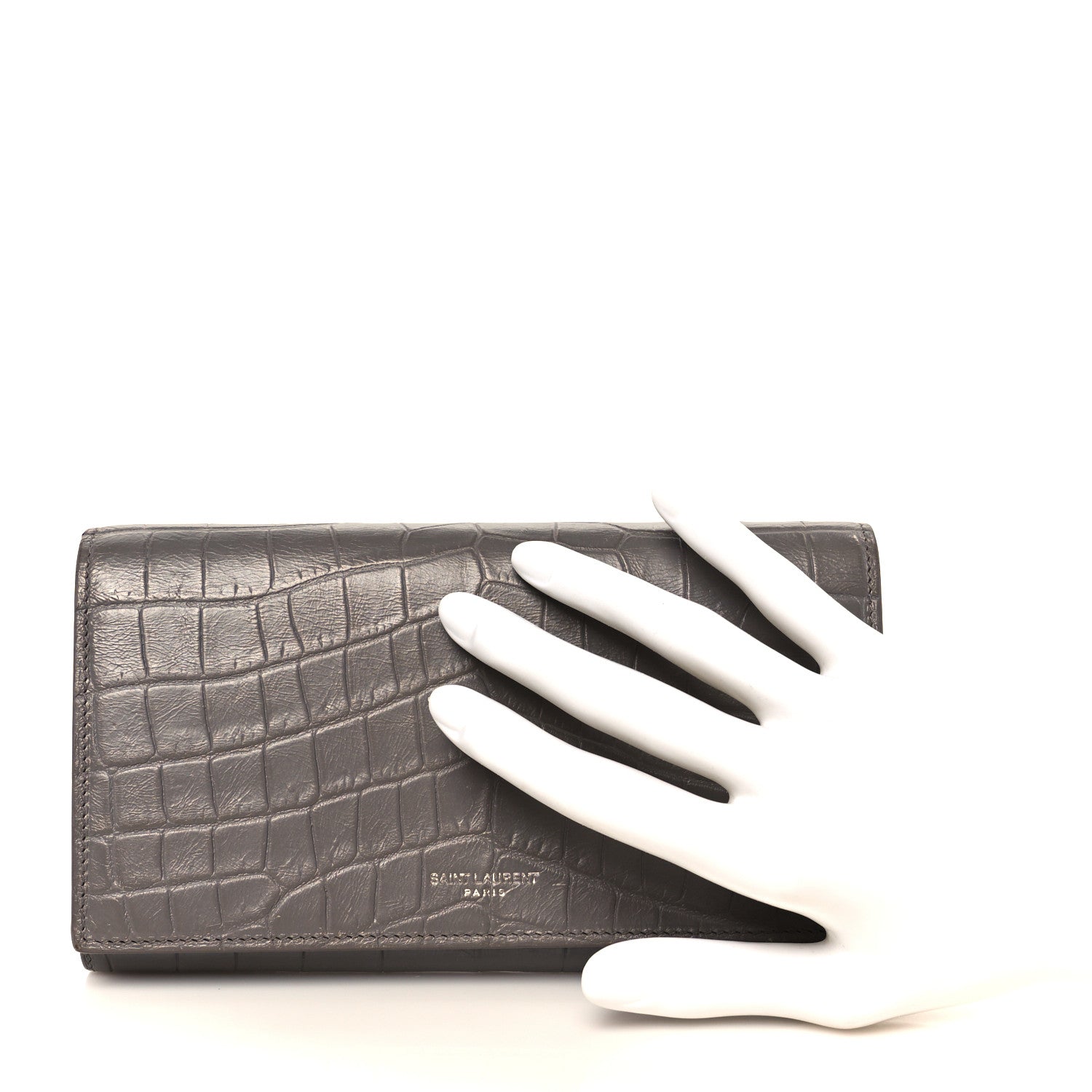 Calfskin Crocodile Embossed Classic Large Flap Wallet Fog