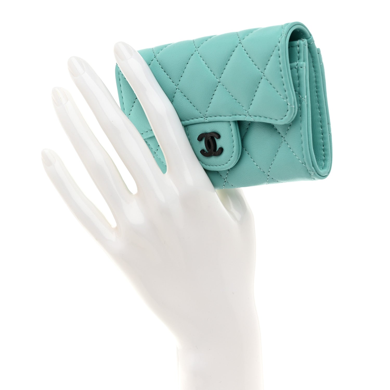 Lambskin Quilted Flap Card Holder Wallet Turquoise