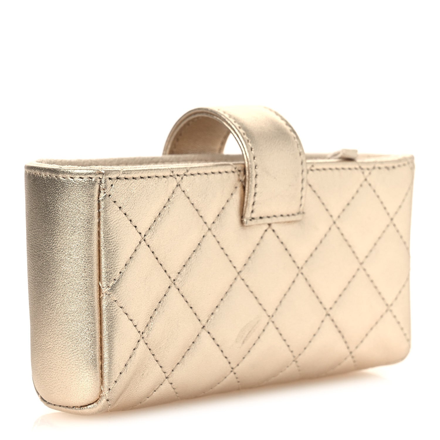 Metallic Lambskin Quilted Mini Phone Holder Clutch Light Gold
