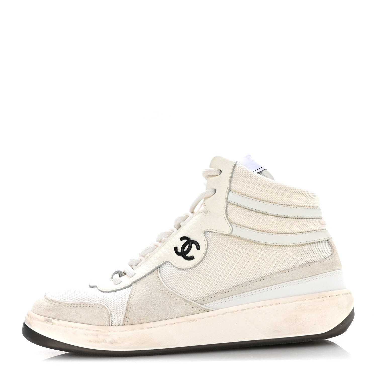 Suede Fabric Grained Calfskin Womens CC High Top Sneakers 38 White
