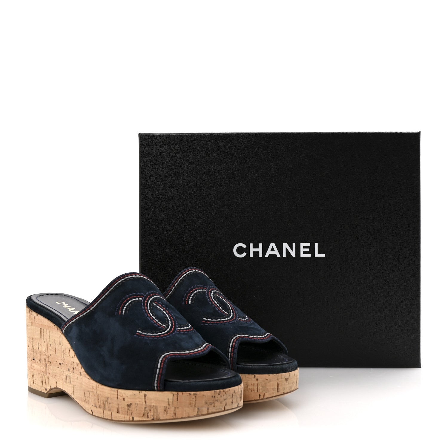 Suede Calfskin Cork CC Wedge Sandal 39 Navy Blue