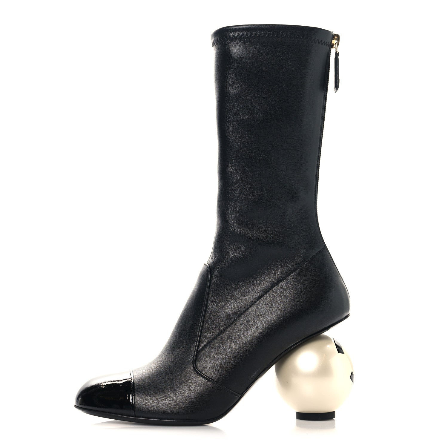 Stretch Lambskin Patent Cap Toe Pearl Ball Mid Calf Boots 36.5 Black