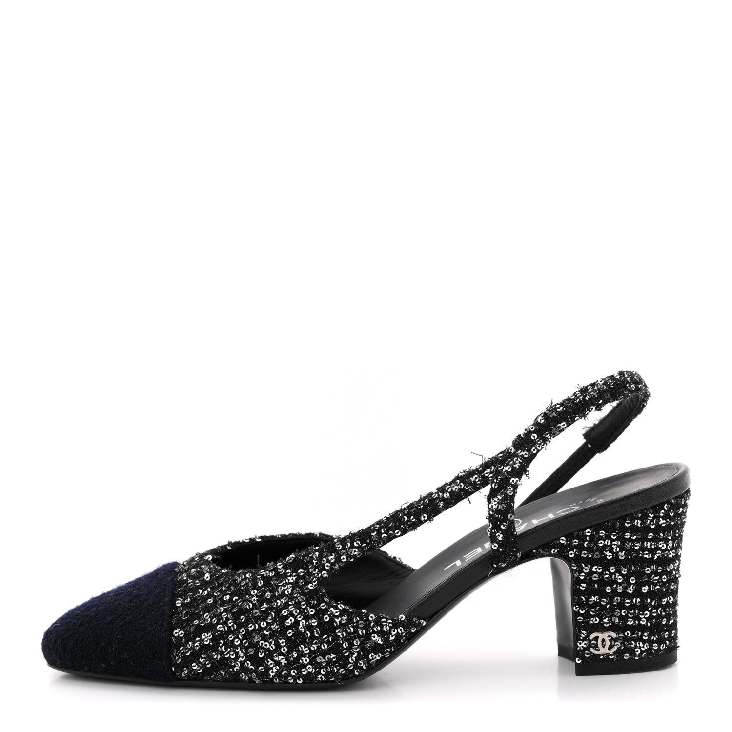 Tweed Sequin Cap Toe CC Slingback Pumps 38 Black White Silver