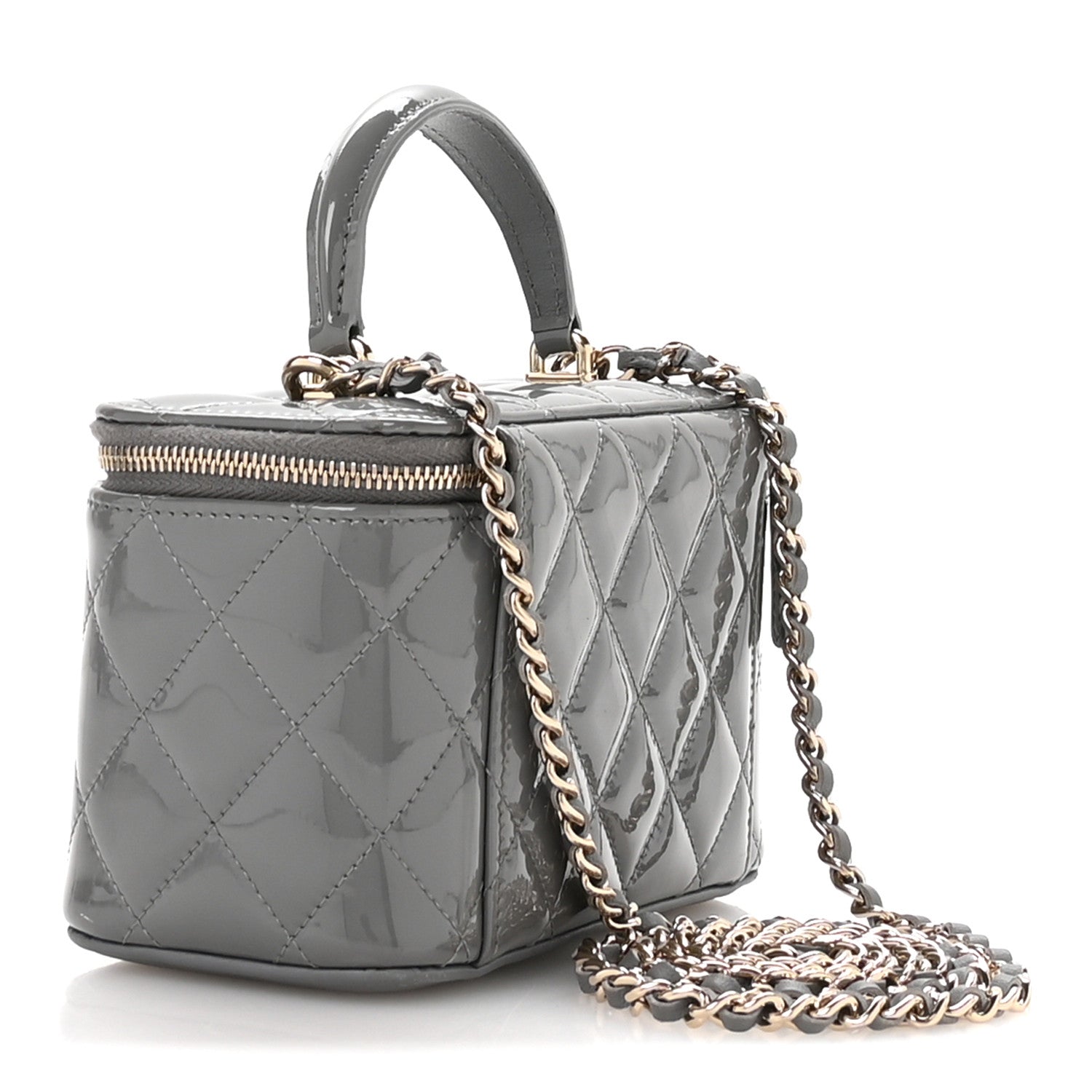 Patent Quilted Quilted Small Top Handle Vanity Case With Chain Grey