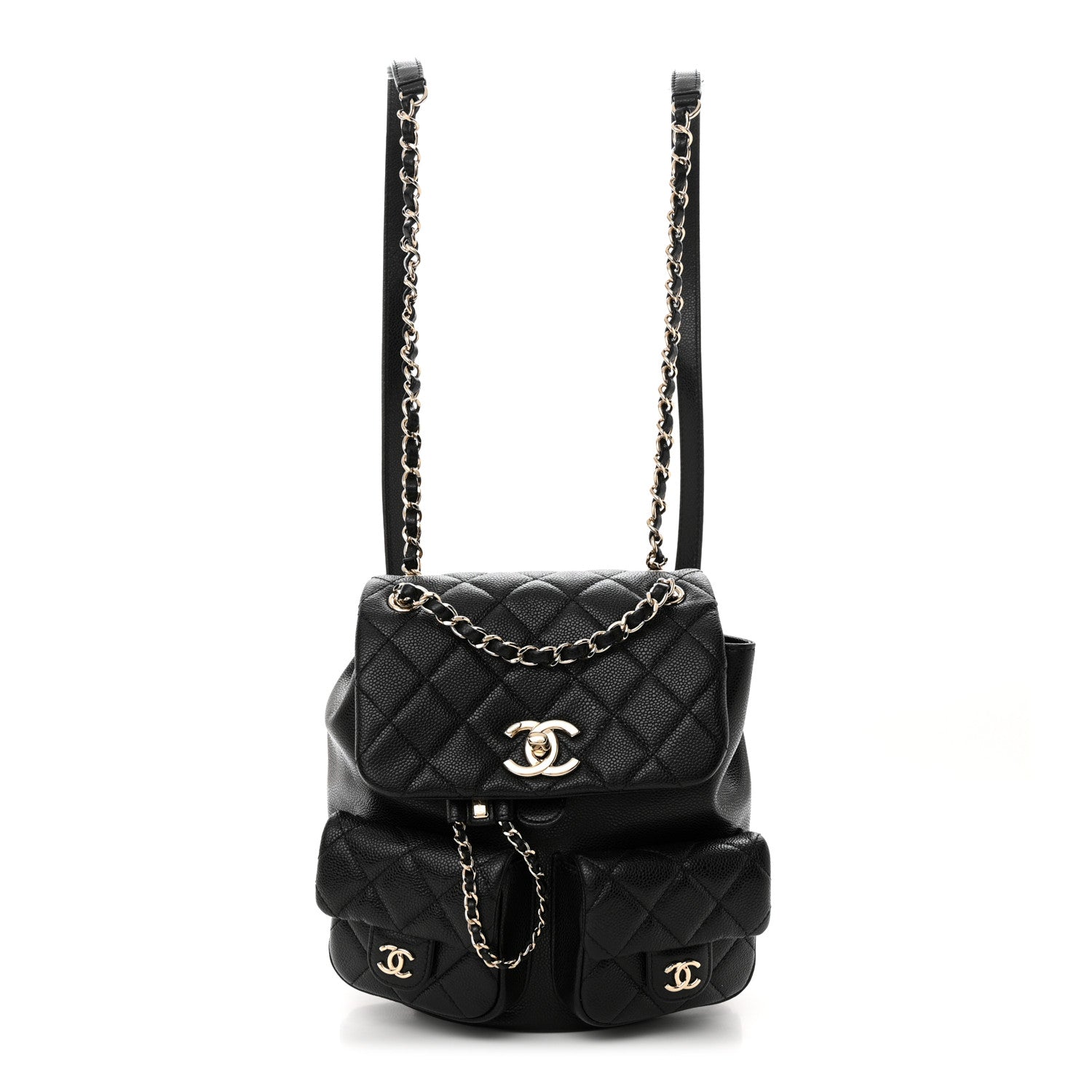 Shiny Caviar Quilted Medium Duma Pockets Drawstring Backpack Black