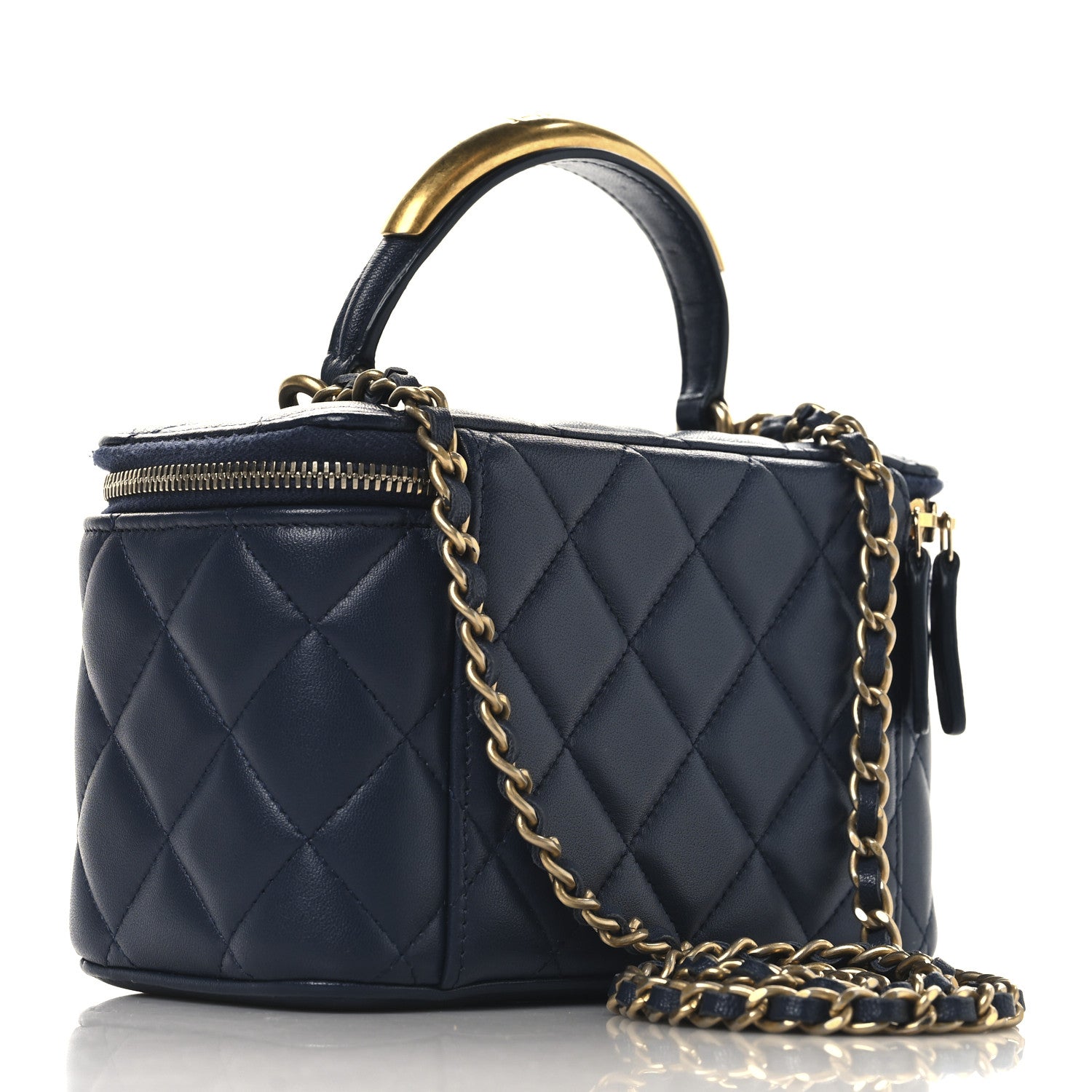 Lambskin Quilted Metal Small Top Handle Vanity Case With Chain Blue