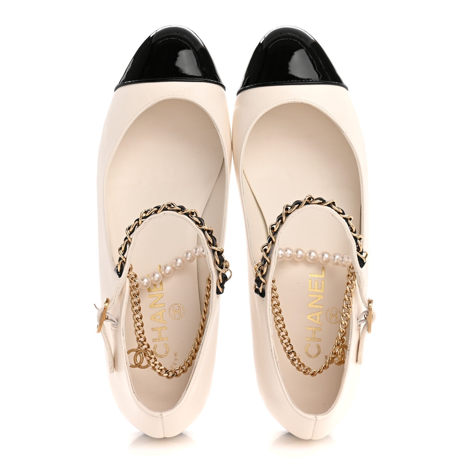 Shiny Lambskin Pearl Cap Toe Ankle Chain Ballerina Flats 38 White Black