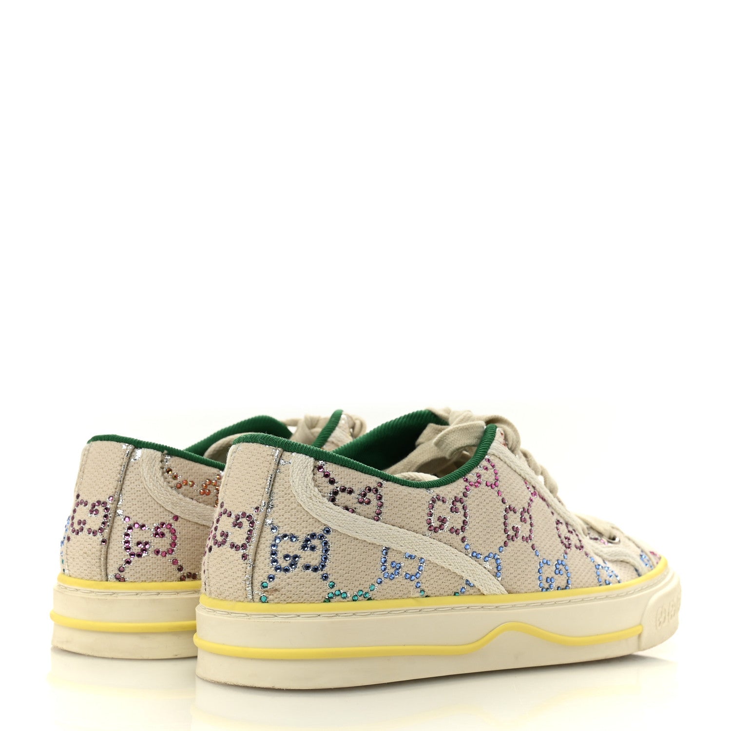 Canvas Lame Crystal GG Monogram Womens 1977 Tennis Sneakers 36 Gardenia Silver Mystic White