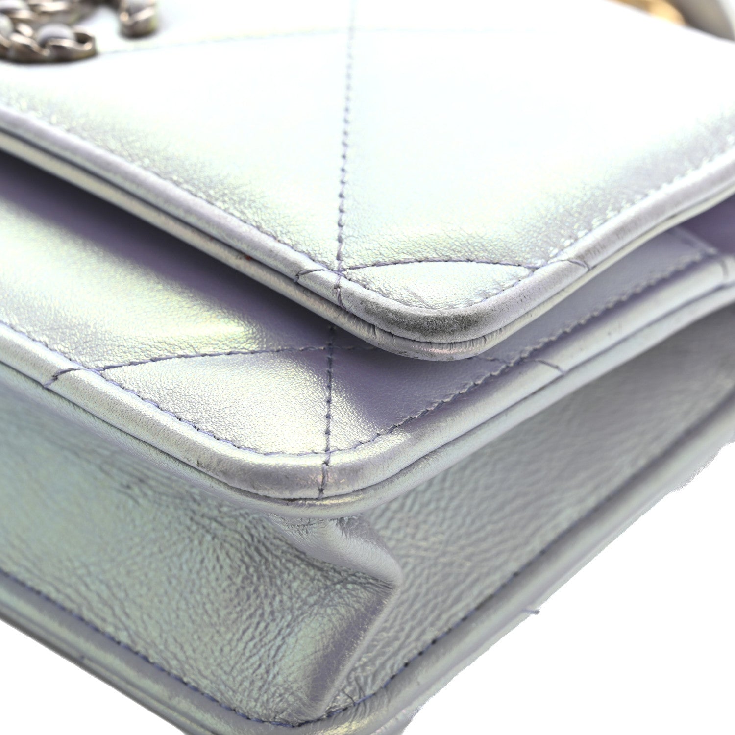 Iridescent Calfskin Quilted Chanel 19 Wallet On Chain WOC Light Purple