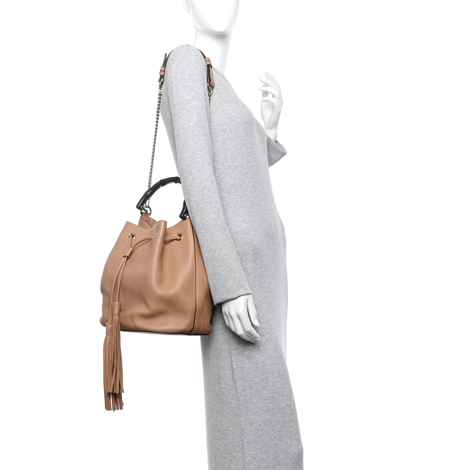 Pebbled Calfskin Miss Bamboo Bucket Bag Camelia
