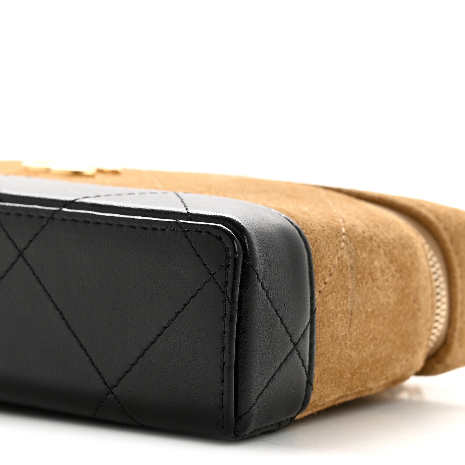 Suede Calfskin Shiny Lambskin Quilted Top Handle Slim Vanity Case With Chain Beige Black