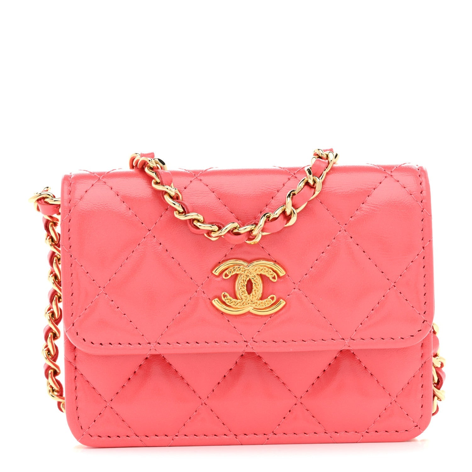 Shiny Lambskin Quilted Card Holder On Chain Pink