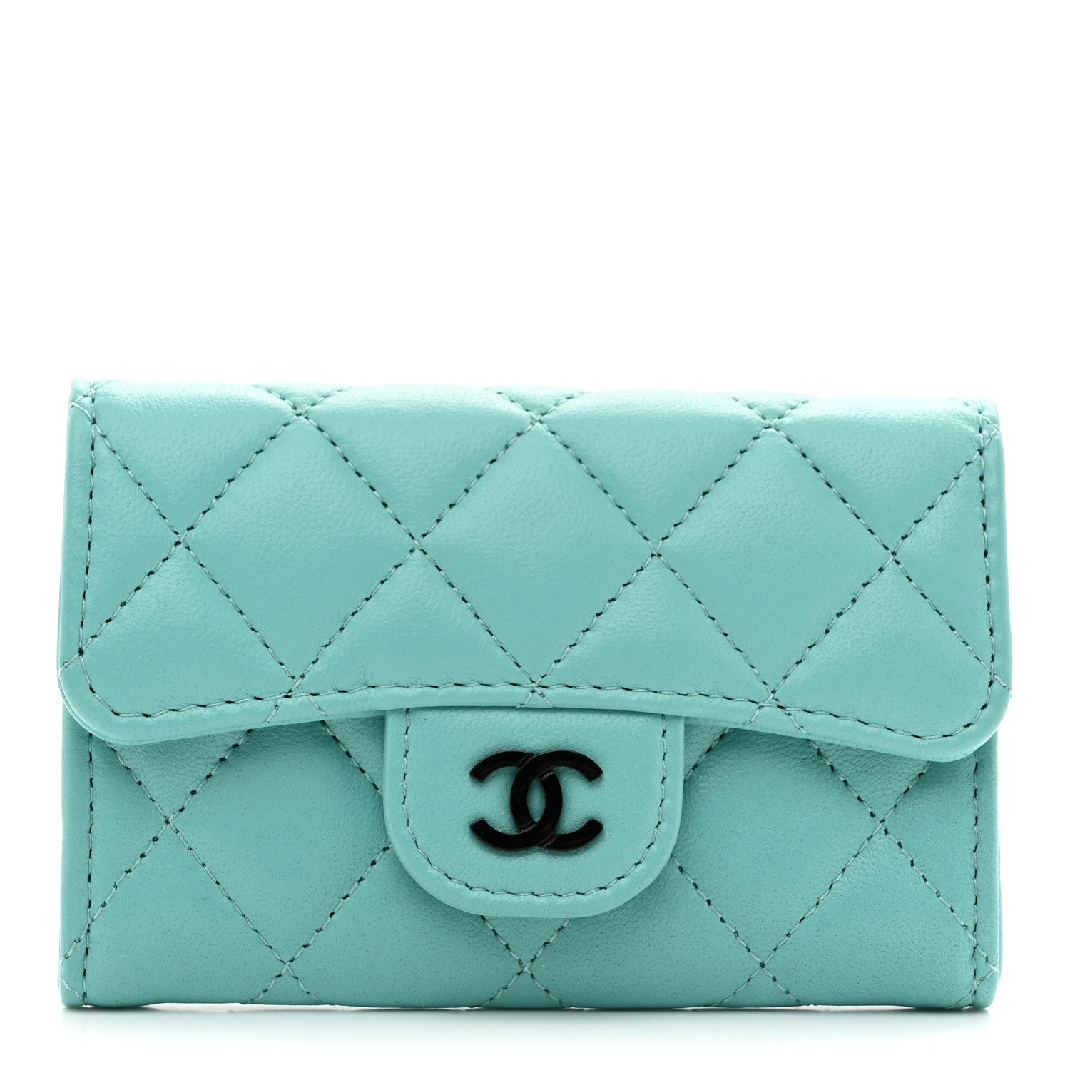 Lambskin Quilted Flap Card Holder Wallet Turquoise