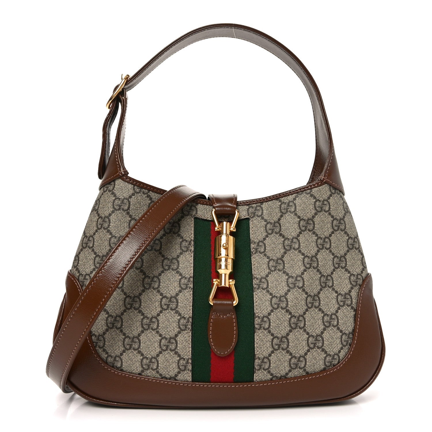 GG Supreme Monogram Azalea Calfskin Web Small Jackie 1961 Hobo Beige Ebony Brown Sugar