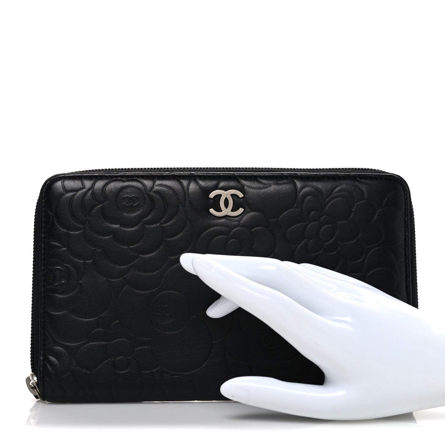 Lambskin Camellia Embossed Zip Around Organizer Wallet Black