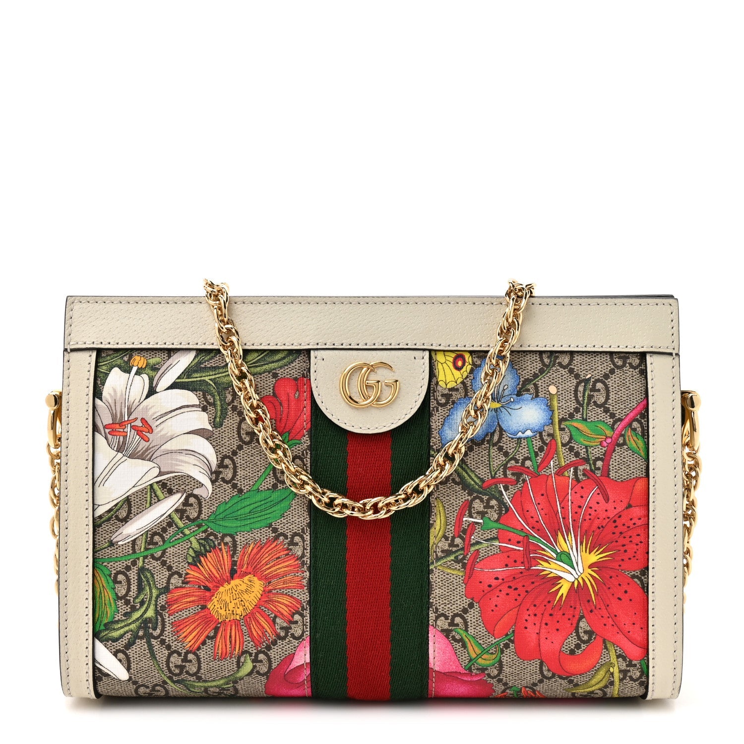 GG Supreme Monogram Flora Web Small Ophidia Chain Shoulder Bag White