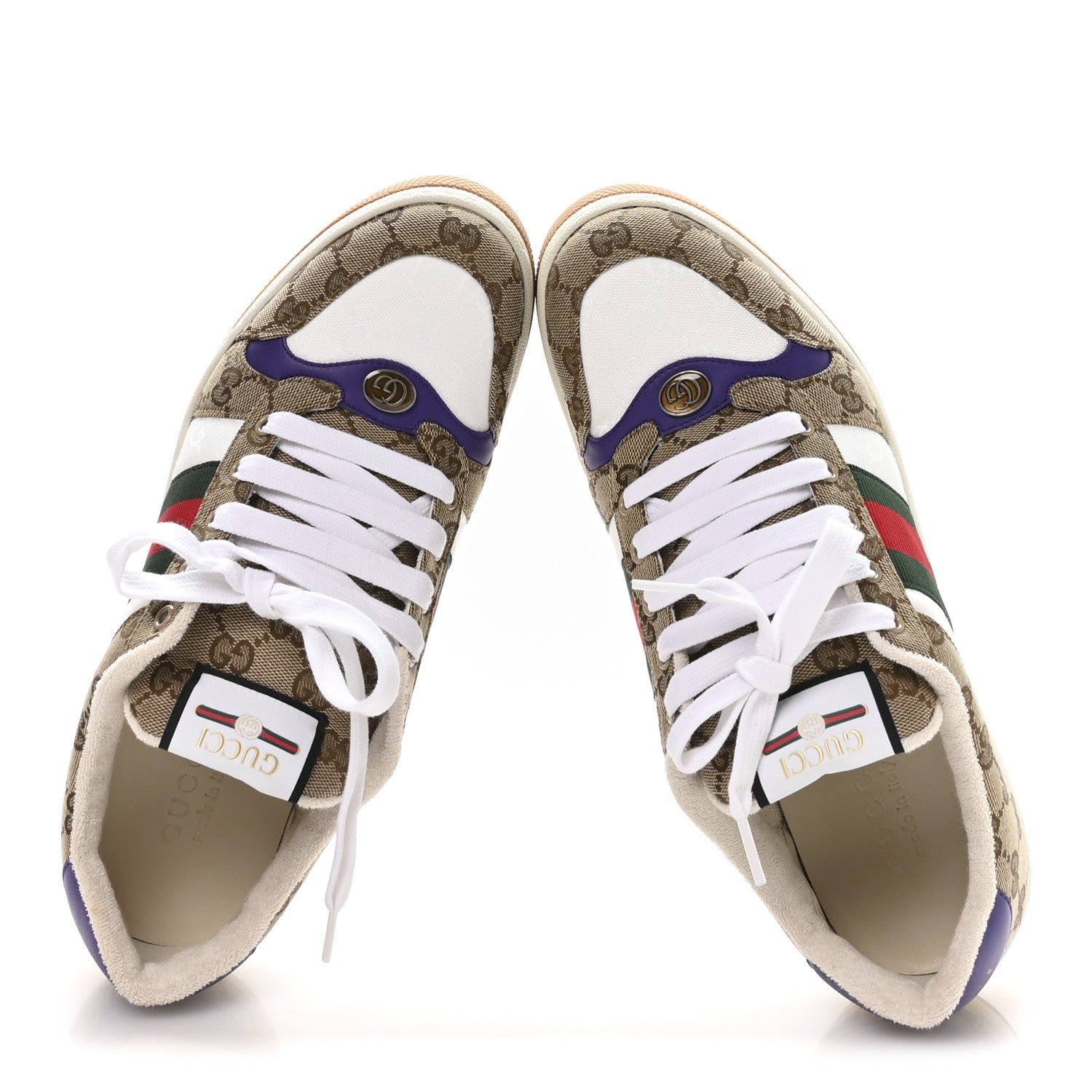 GG Supereme Monogram Calfskin Web Mens Screener Sneakers 10 Beige Ebony White Shine Purple