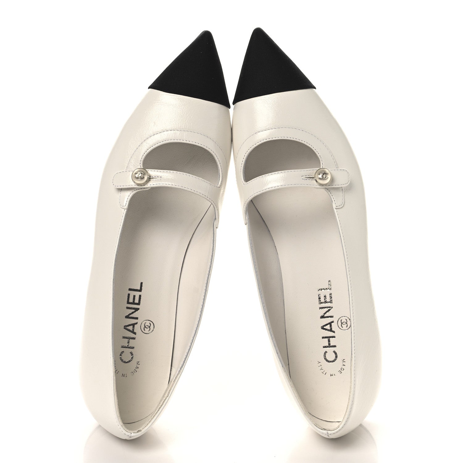 Shiny Lambskin Grosgrain Pearl Mary Janes Flats 40 White Black