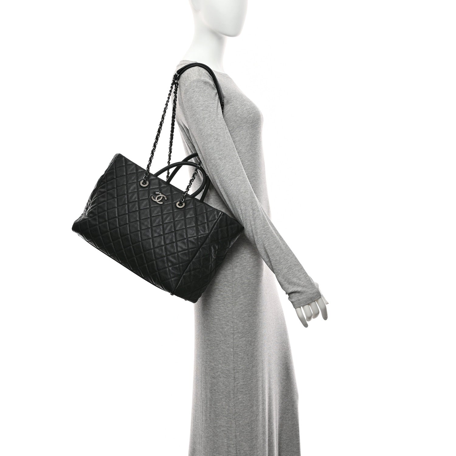 Caviar Quilted Large Coco Handle Shopping Tote Black