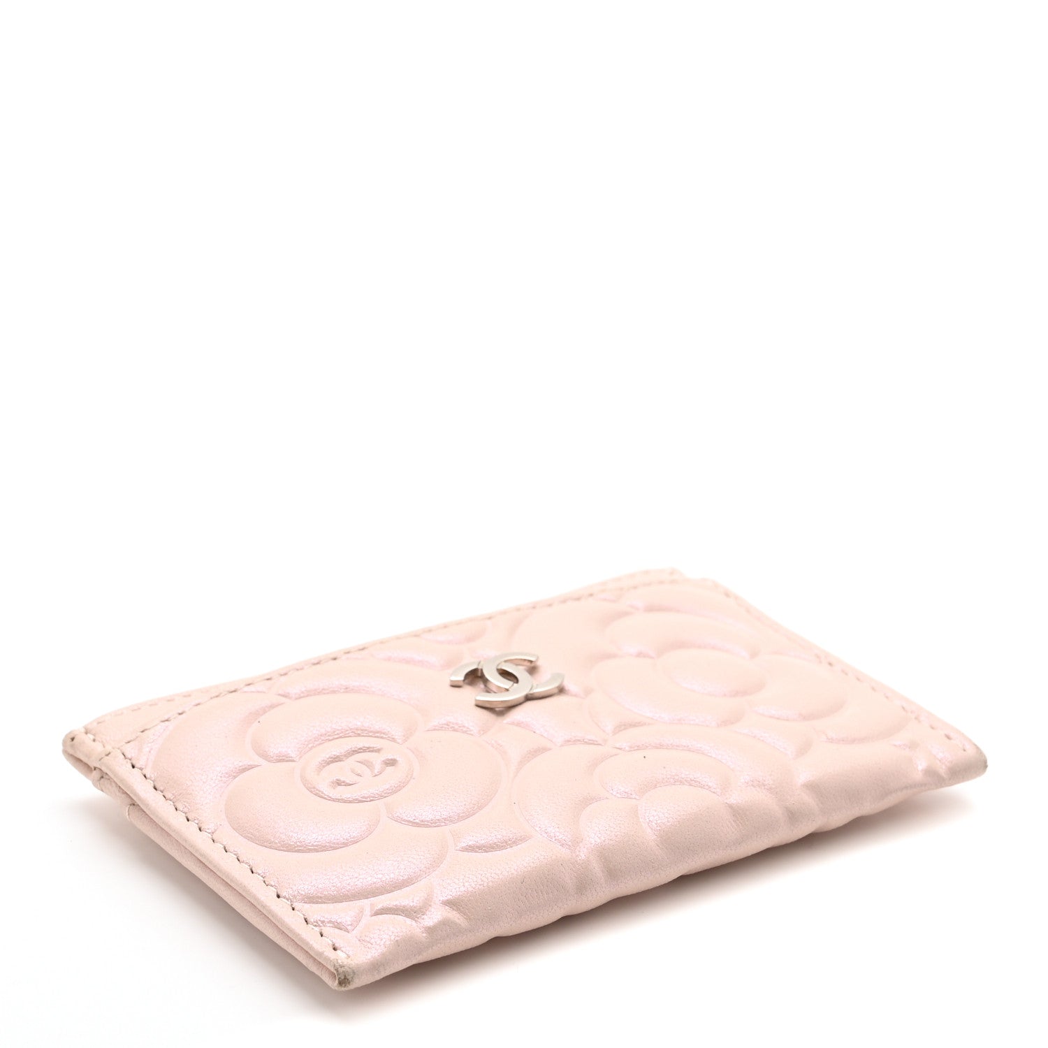 Iridescent Lambskin Camellia Embossed Card Holder Light Pink