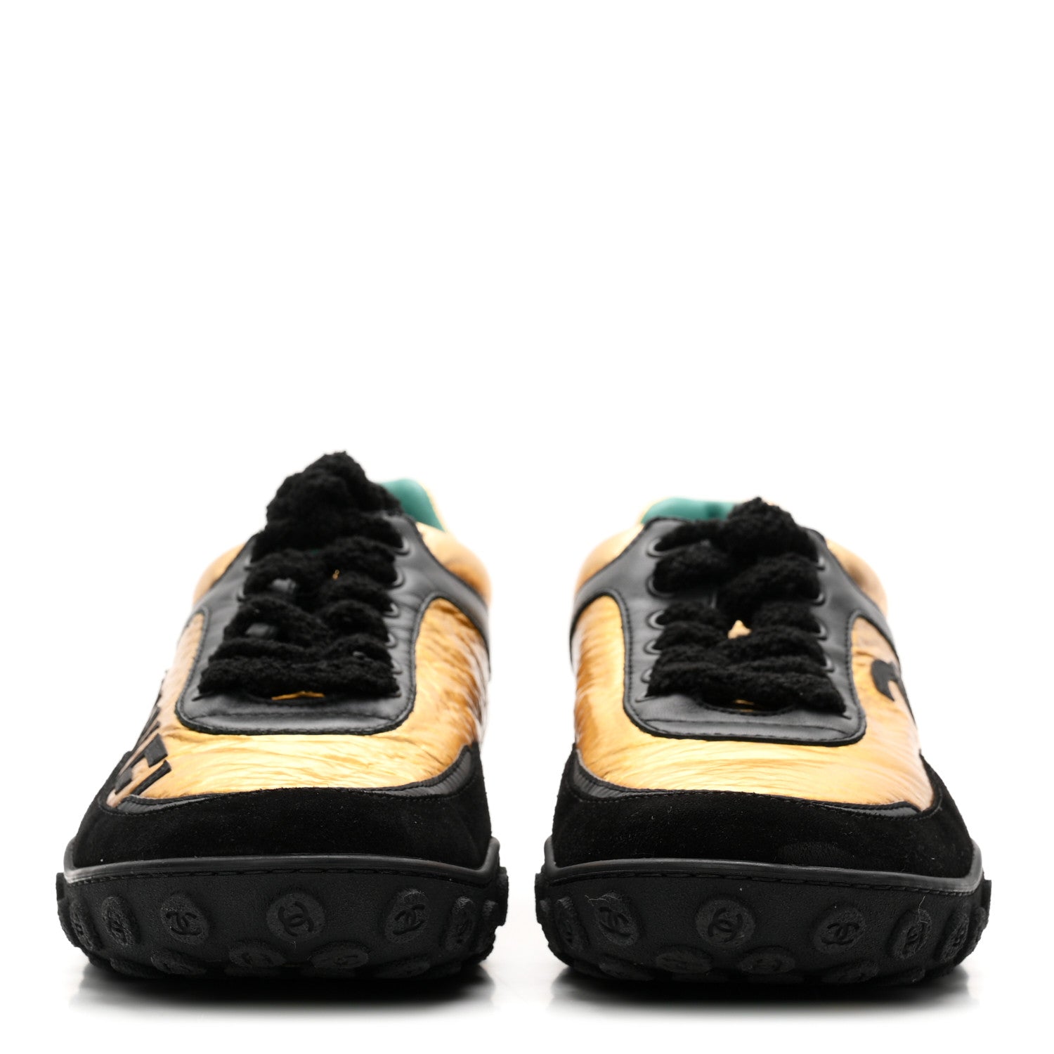 Metallic Fabric Calfskin Suede Crocodile Embossed CC Sneakers 38.5 Black Gold