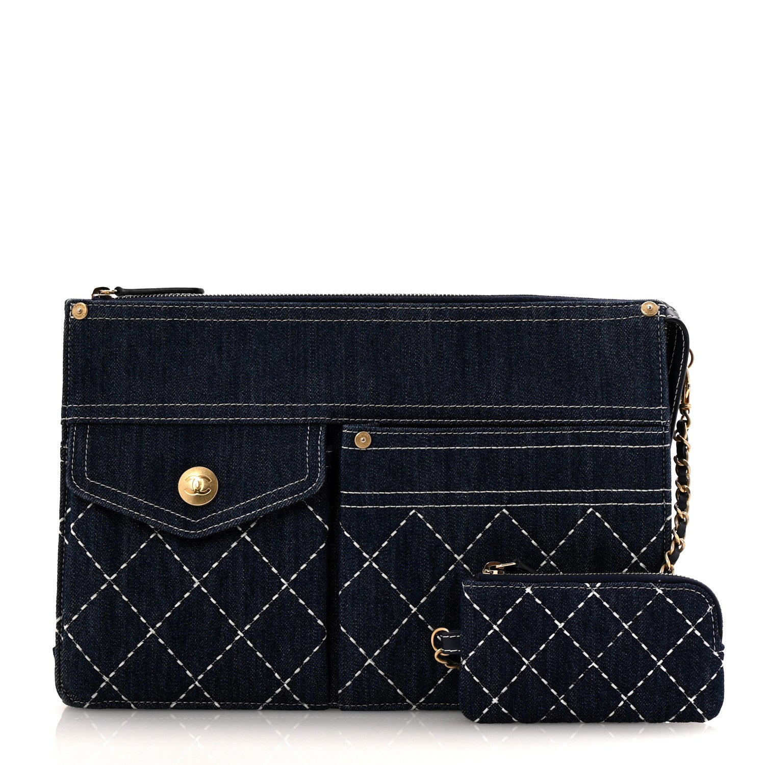 Denim Quilted Zipped Pouch Blue