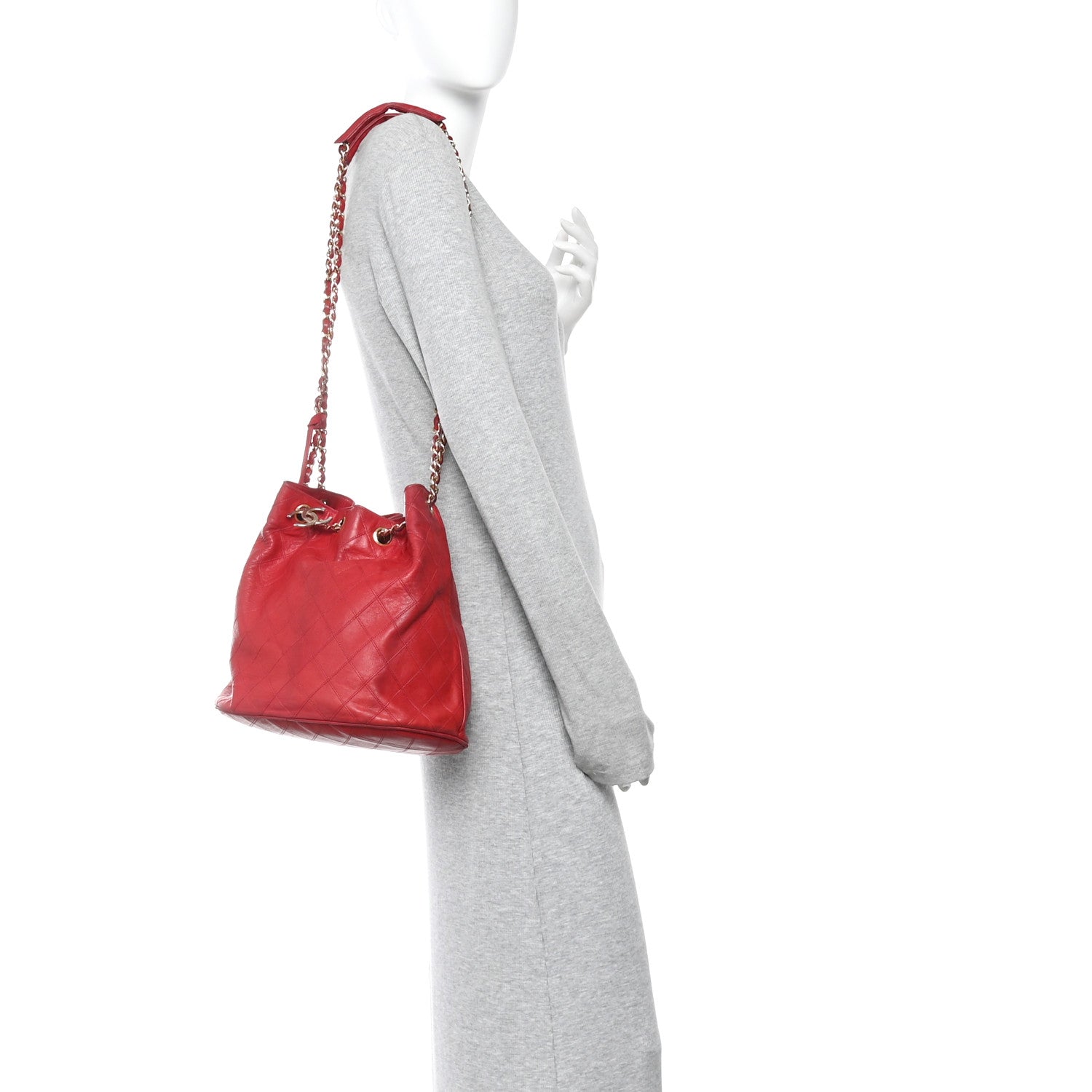 Lambskin Diamond Stitched CC Drawstring Shoulder Bag Red
