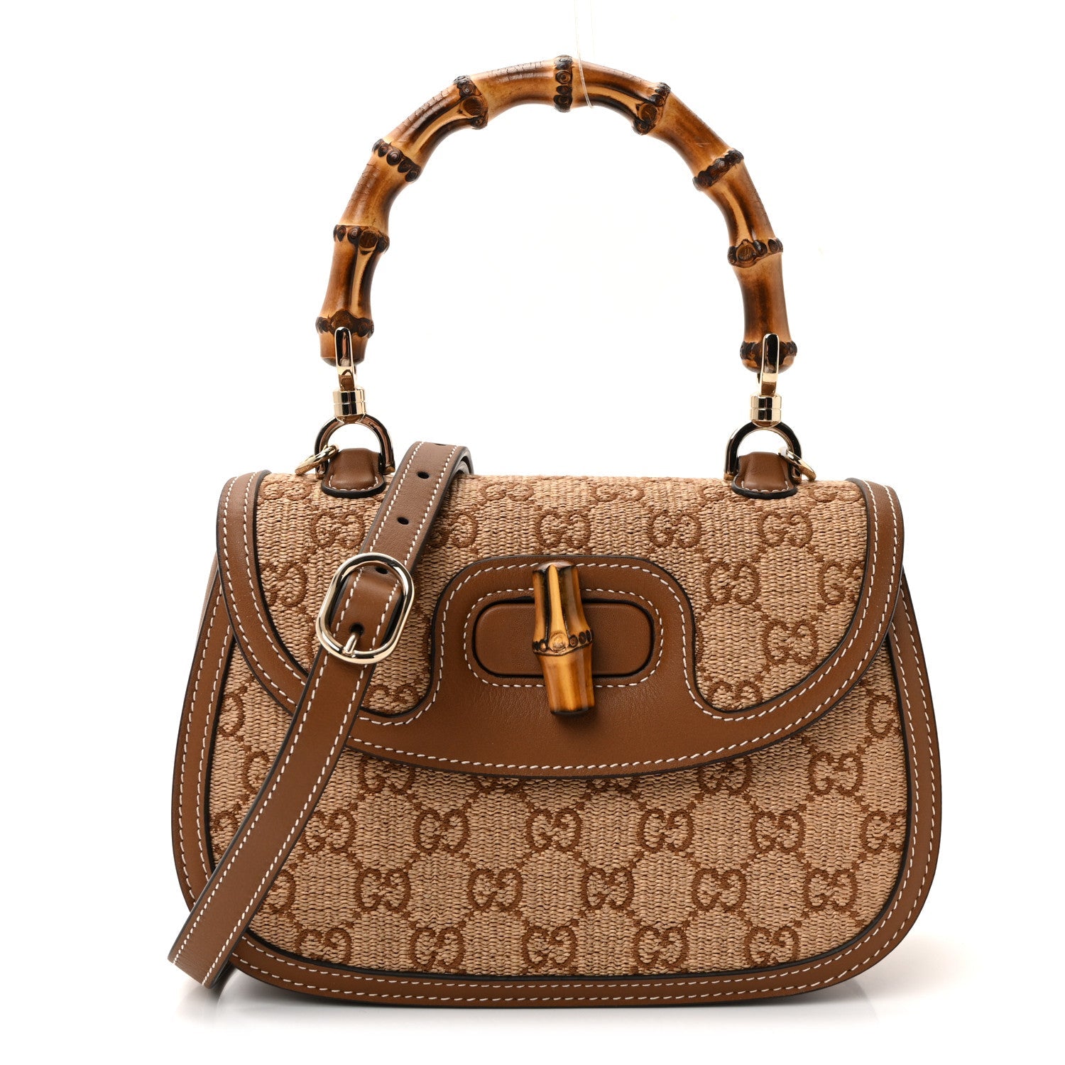 Raffia GG Supreme Monogram Calfskin Medium Bamboo 1947 Top Handle Bag Natural