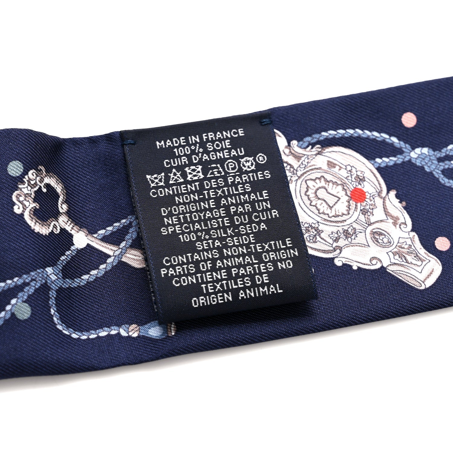 Silk Calfskin Les Cles A Pois Fringed Twilly Bleu Marine Gris Argent Multicolor