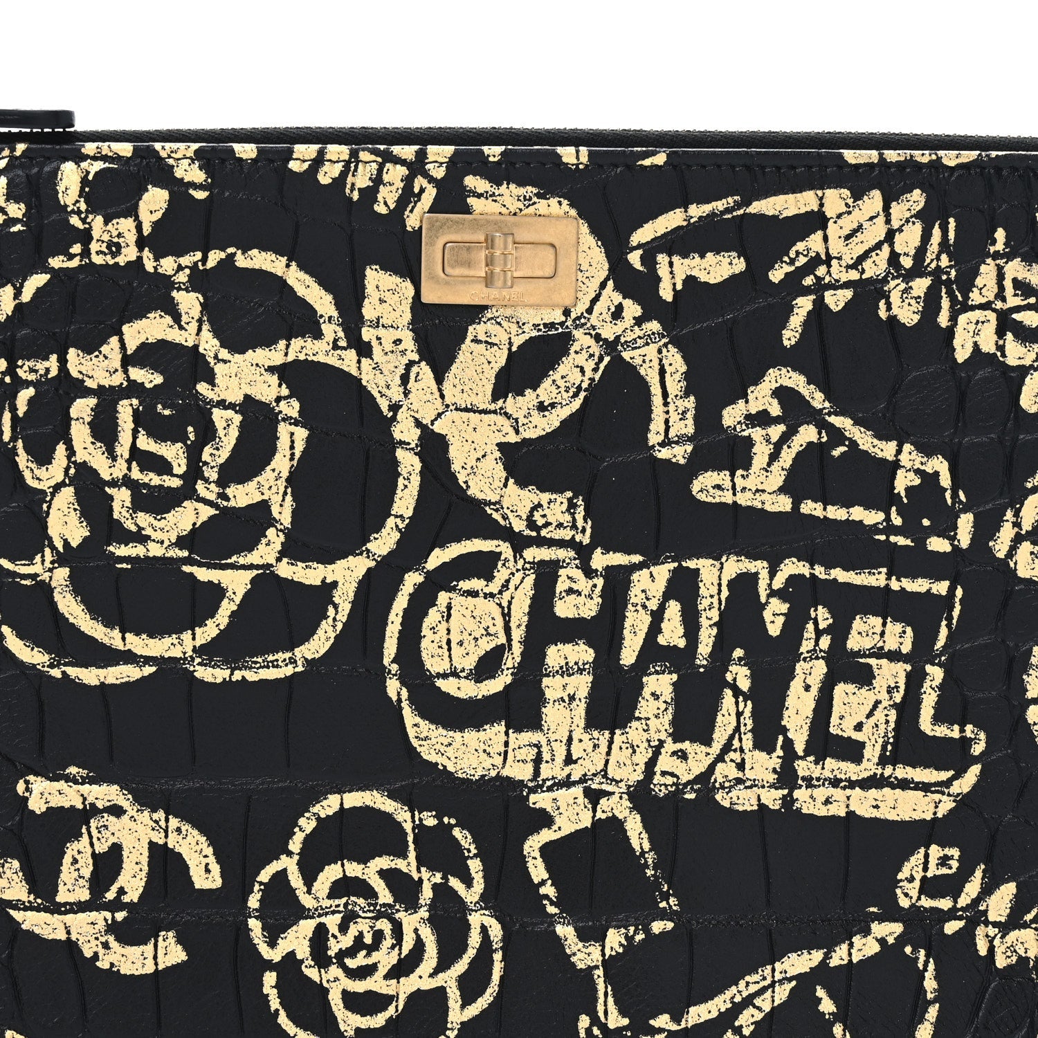 Calfskin Crocodile Embossed Graffiti 2.55 Medium Cocodile Reissue Cosmetic Case Black Gold
