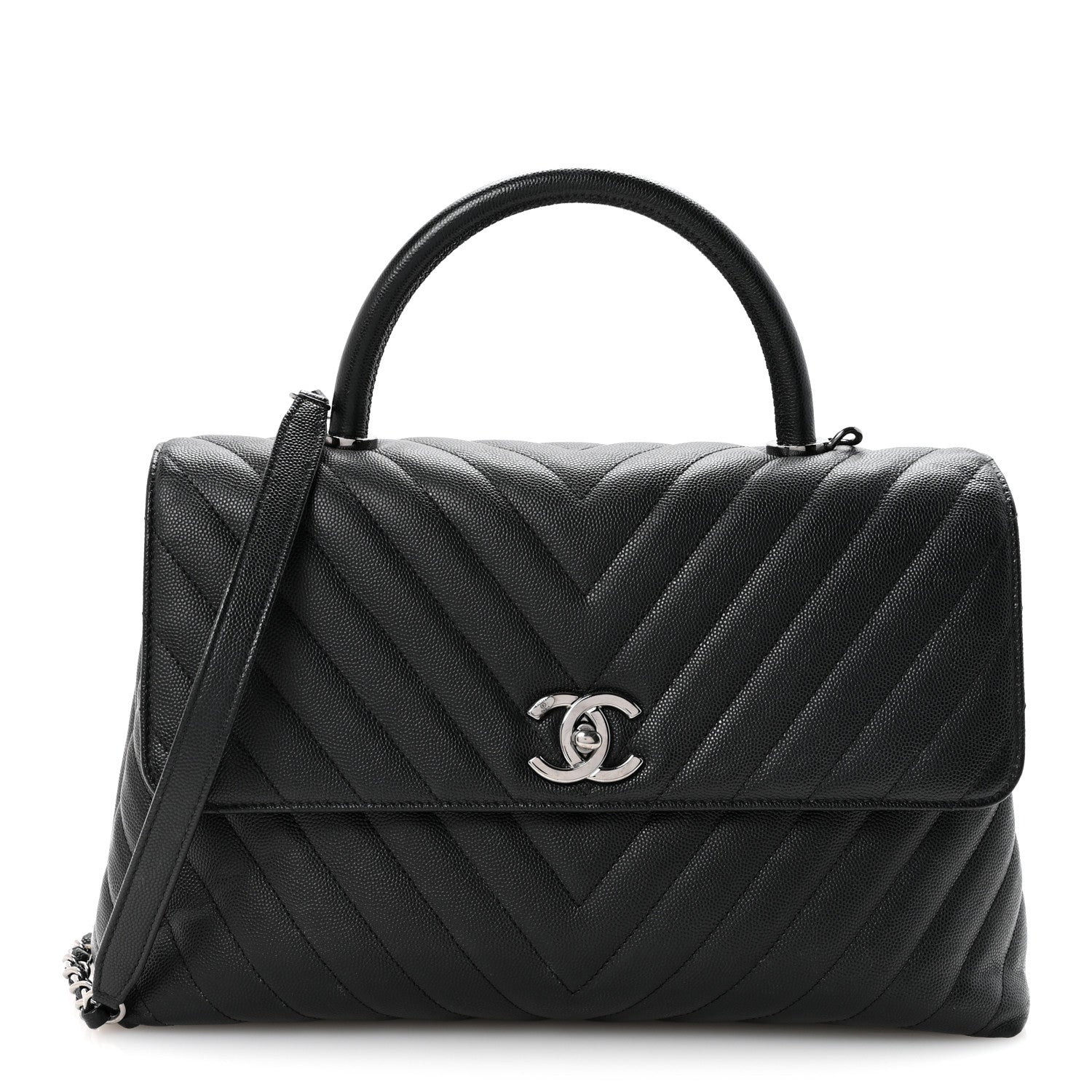 Caviar Chevron Quilted Medium Coco Handle Flap Black