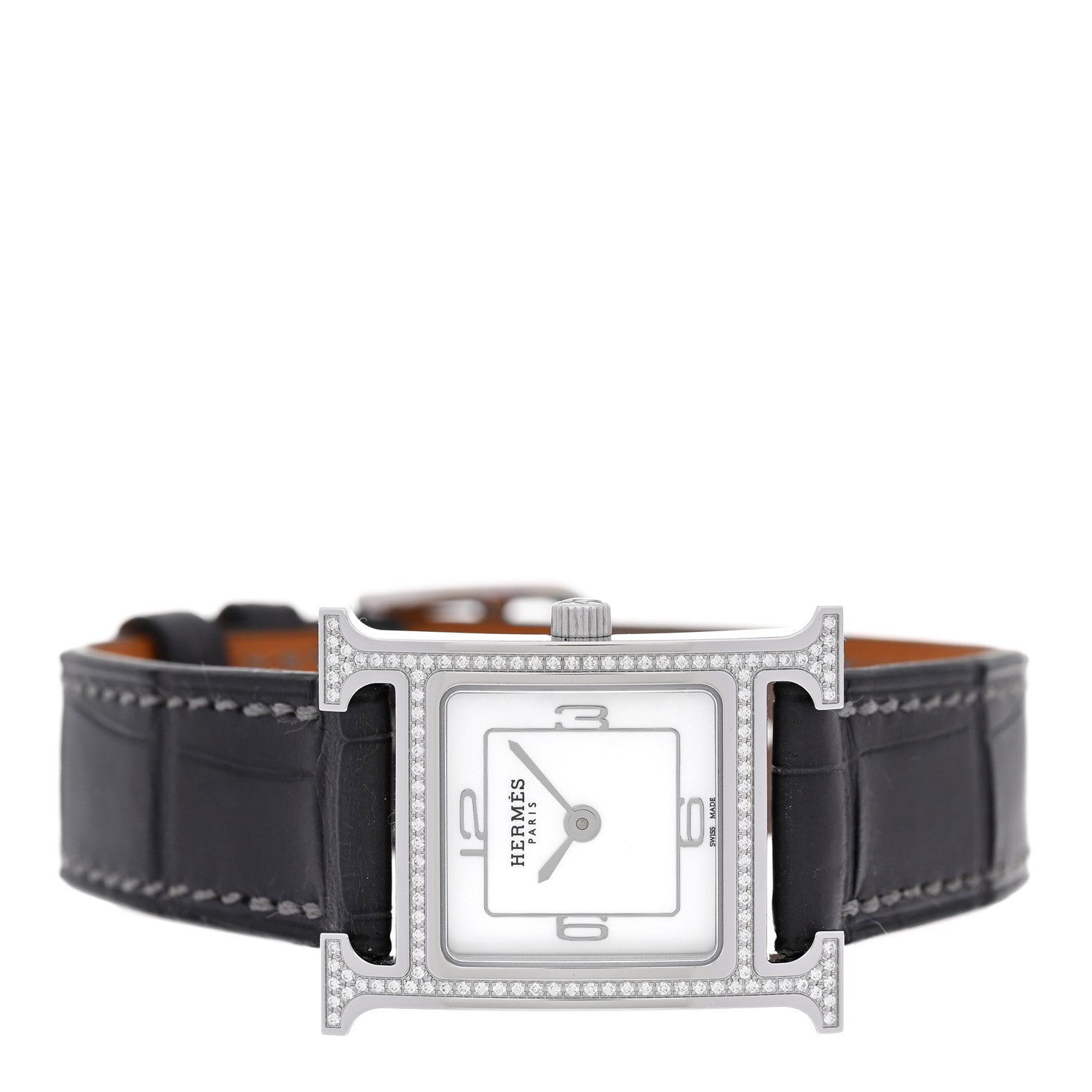 Stainless Steel Alligator Diamond Bezel Mother of Pearl 21mm Heure H Hour Quartz Watch Graphite