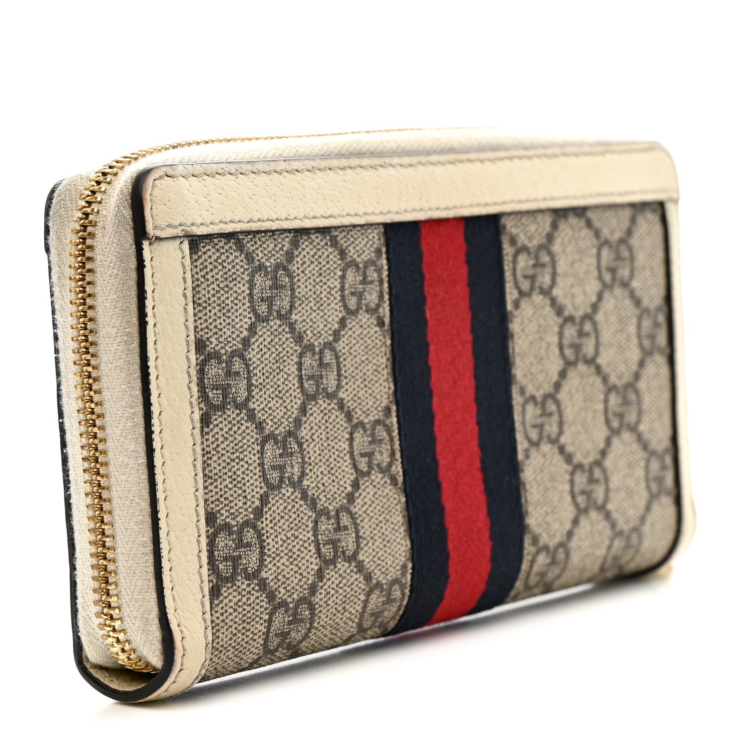 GG Supreme Monogram Textured Dollar Calfskin Web Ophidia Zip Around Wallet Beige Ebony Mystic White