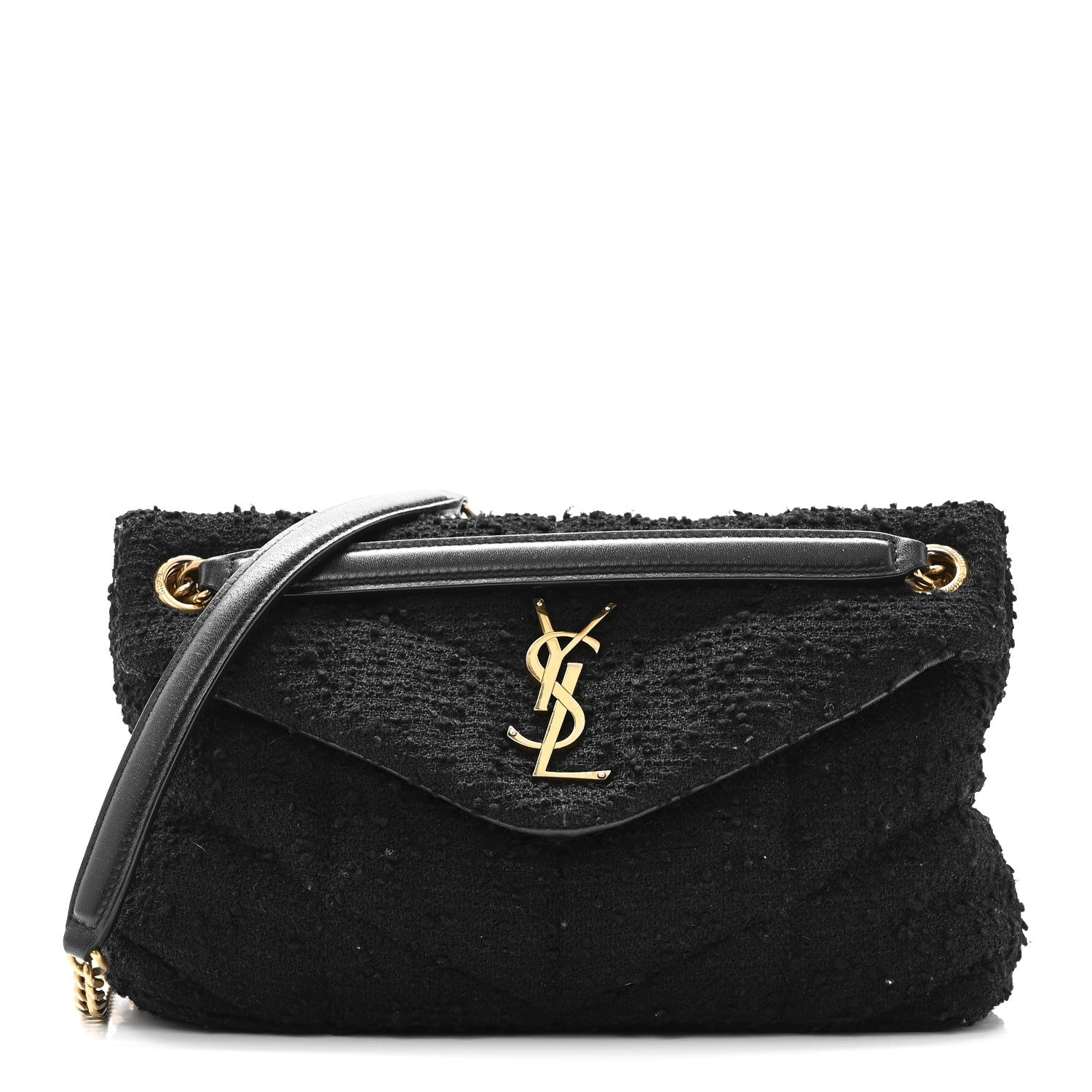 Boucle Tweed Quilted Small Loulou Puffer Monogram Chain Satchel Black