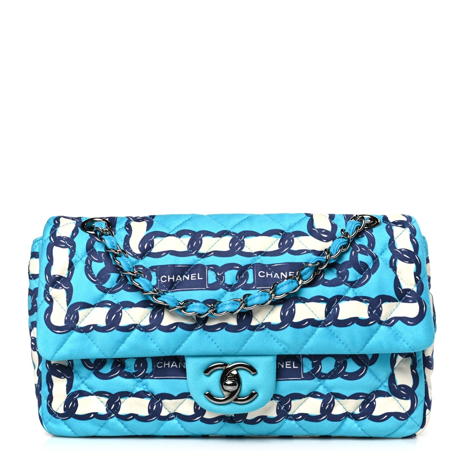 Silk Chain Printed Medium Single Flap Blue