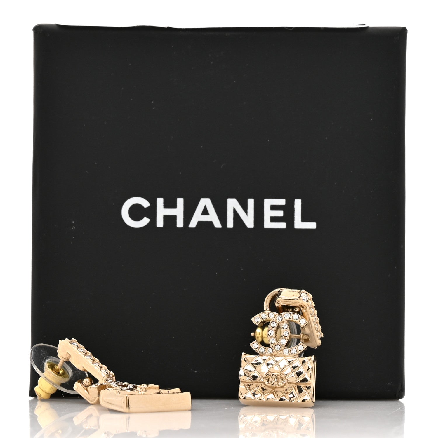 Crystal CC Quilted Flap Bag Drop Earrings Gold