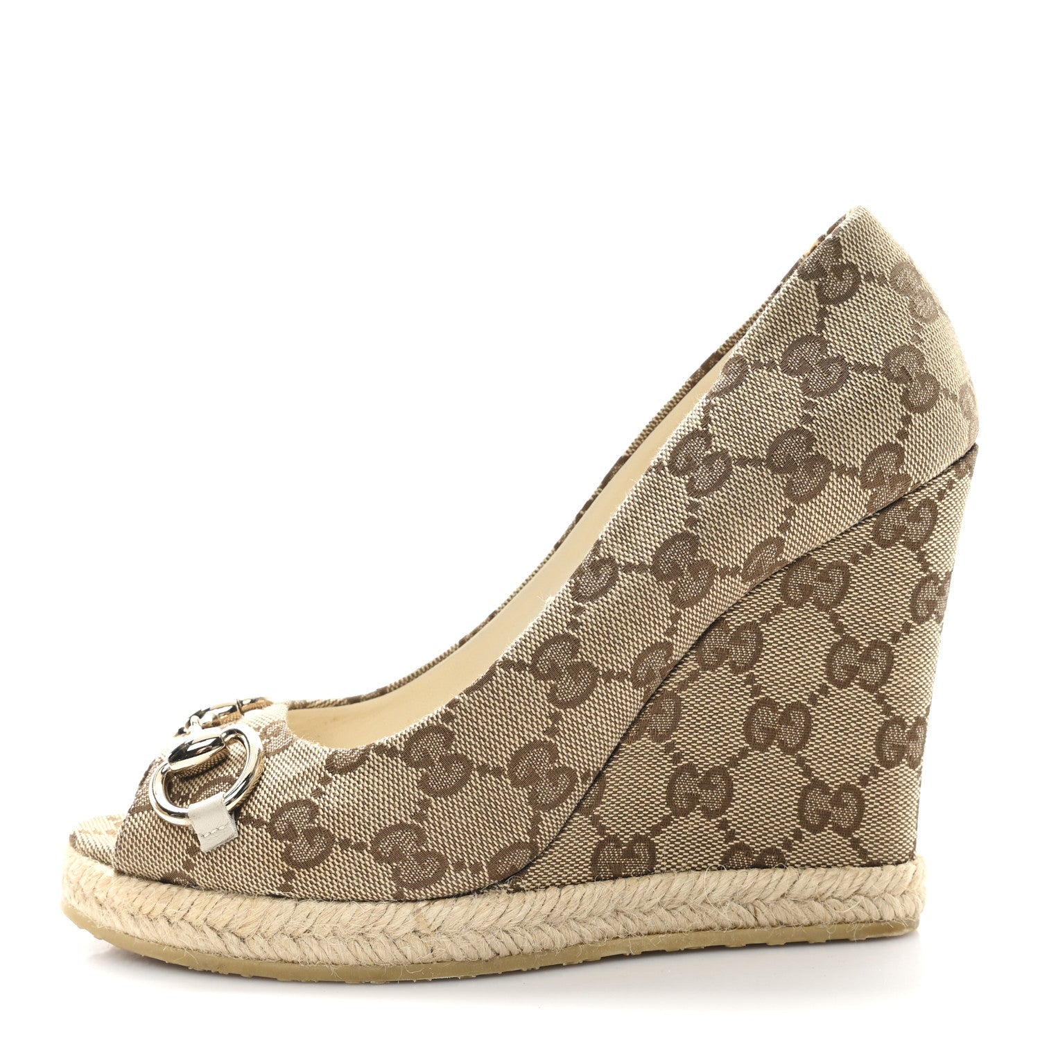 Monogram Horsebit Open Toe Espadrille Wedges 36 Beige