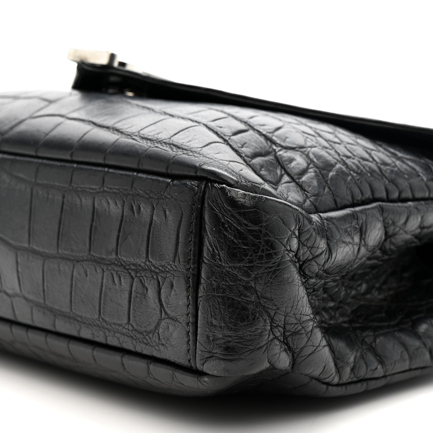 Calfskin Crocodile Embossed Medium College Monogram Satchel Black
