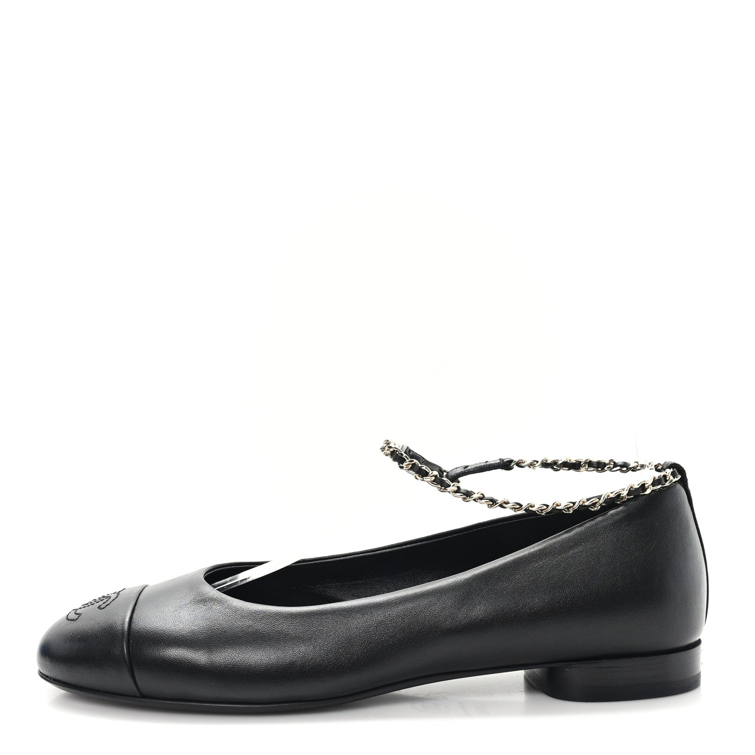 Lambskin Cap Toe CC Ankle Chain Ballerina Flats 36.5 Black