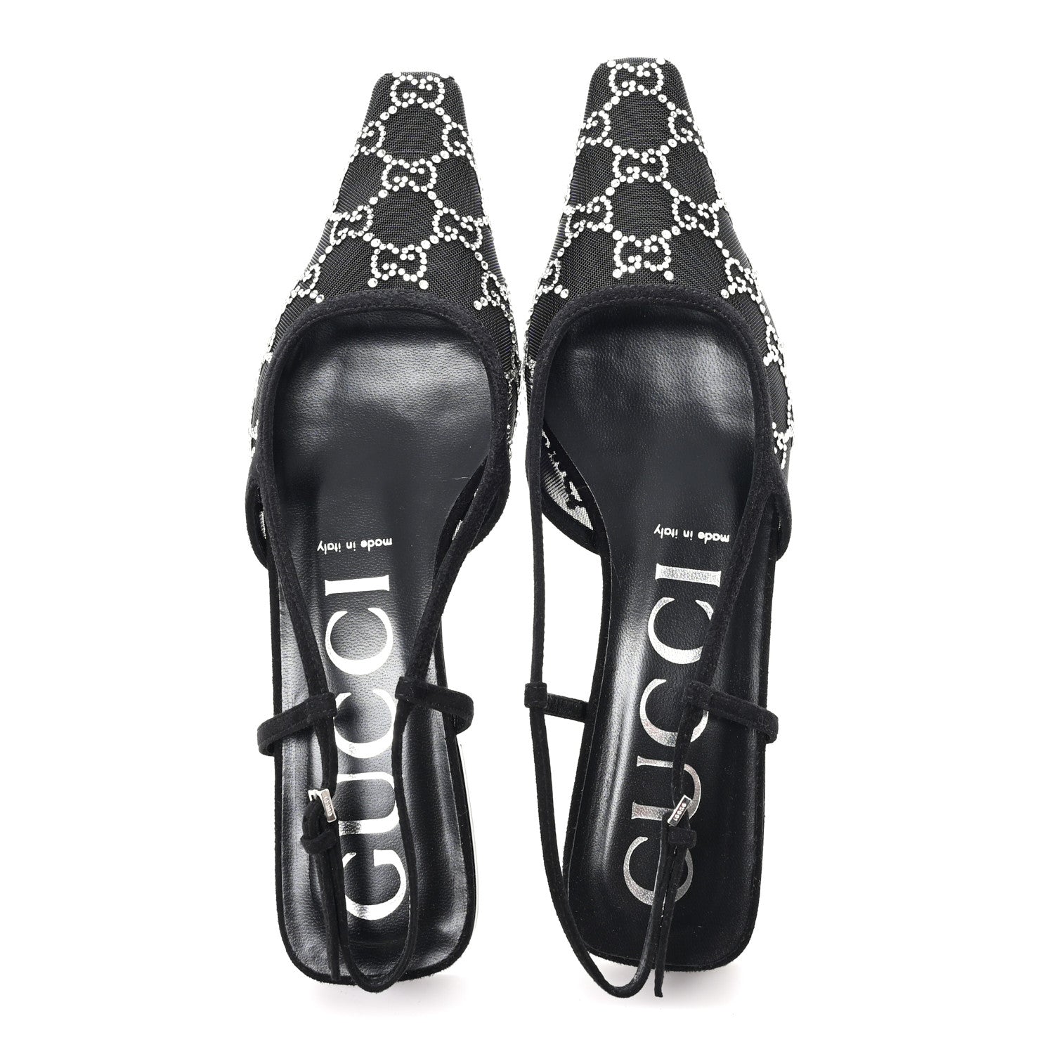 Suede Mesh Crystal GG Monogram Slingback Ballet Flats 39 Black