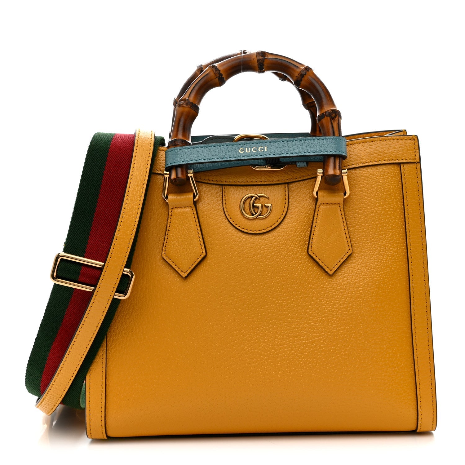 Textured Dollar Calfskin Web Small Diana Tote Bag Yellow Dusty Azure