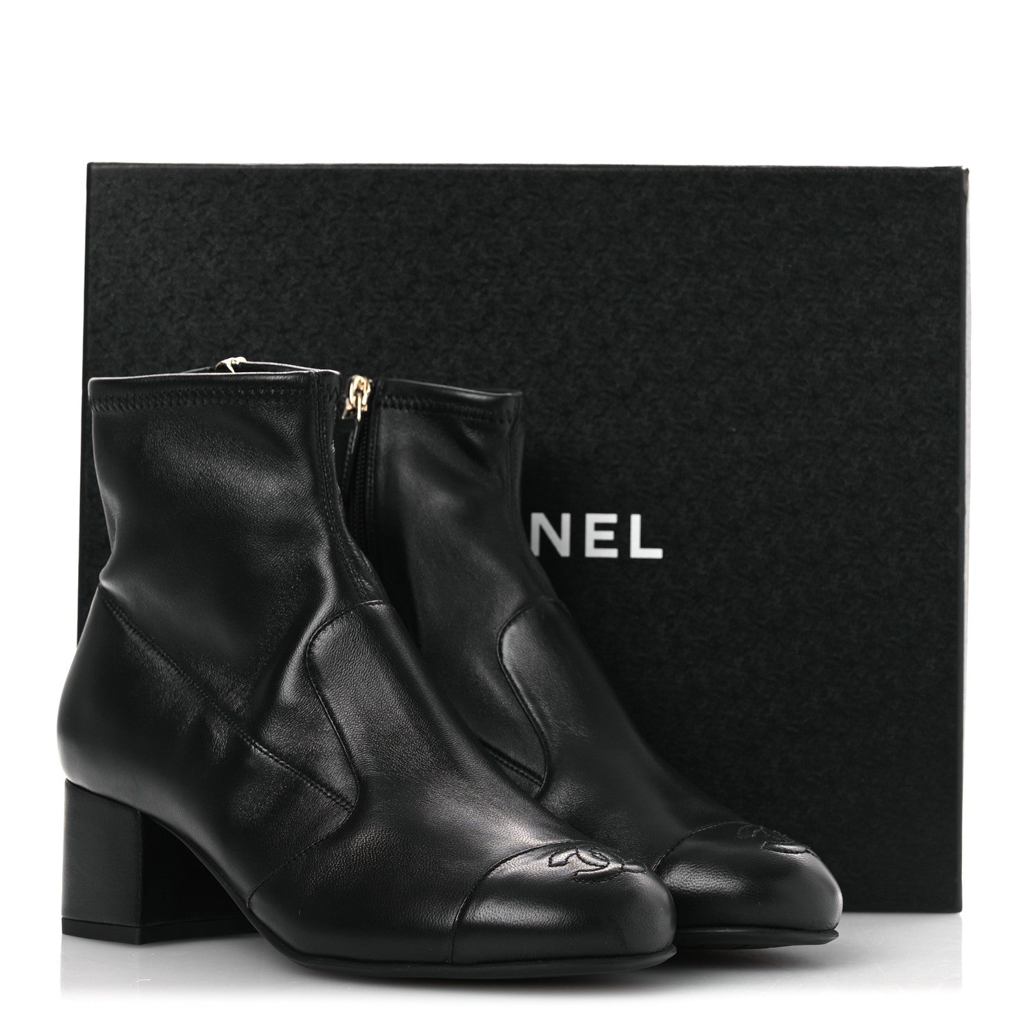 Stretch Lambskin Cap Toe CC Short Boots 36.5 Black