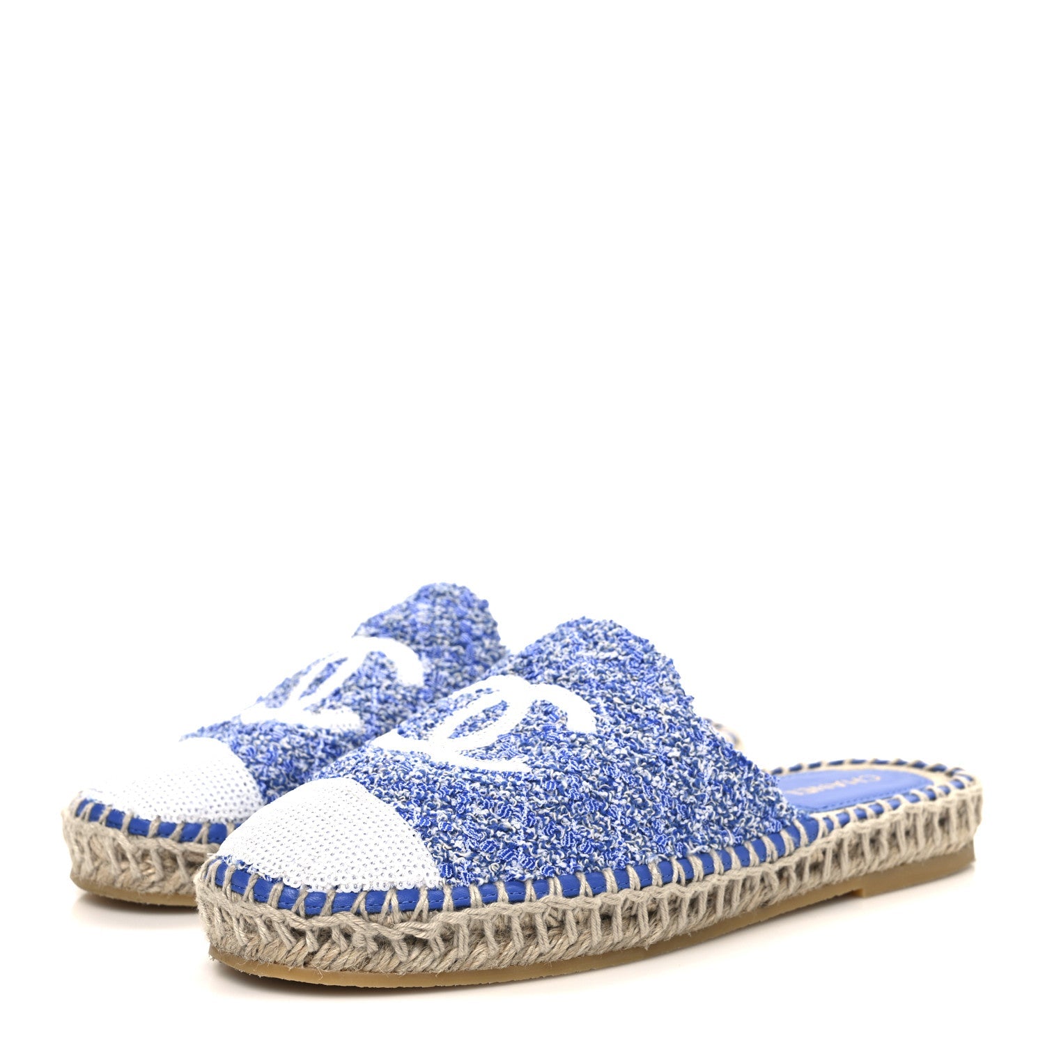 Tweed Sequin Cap Toe CC Espadrilles Mule 36 Blue White